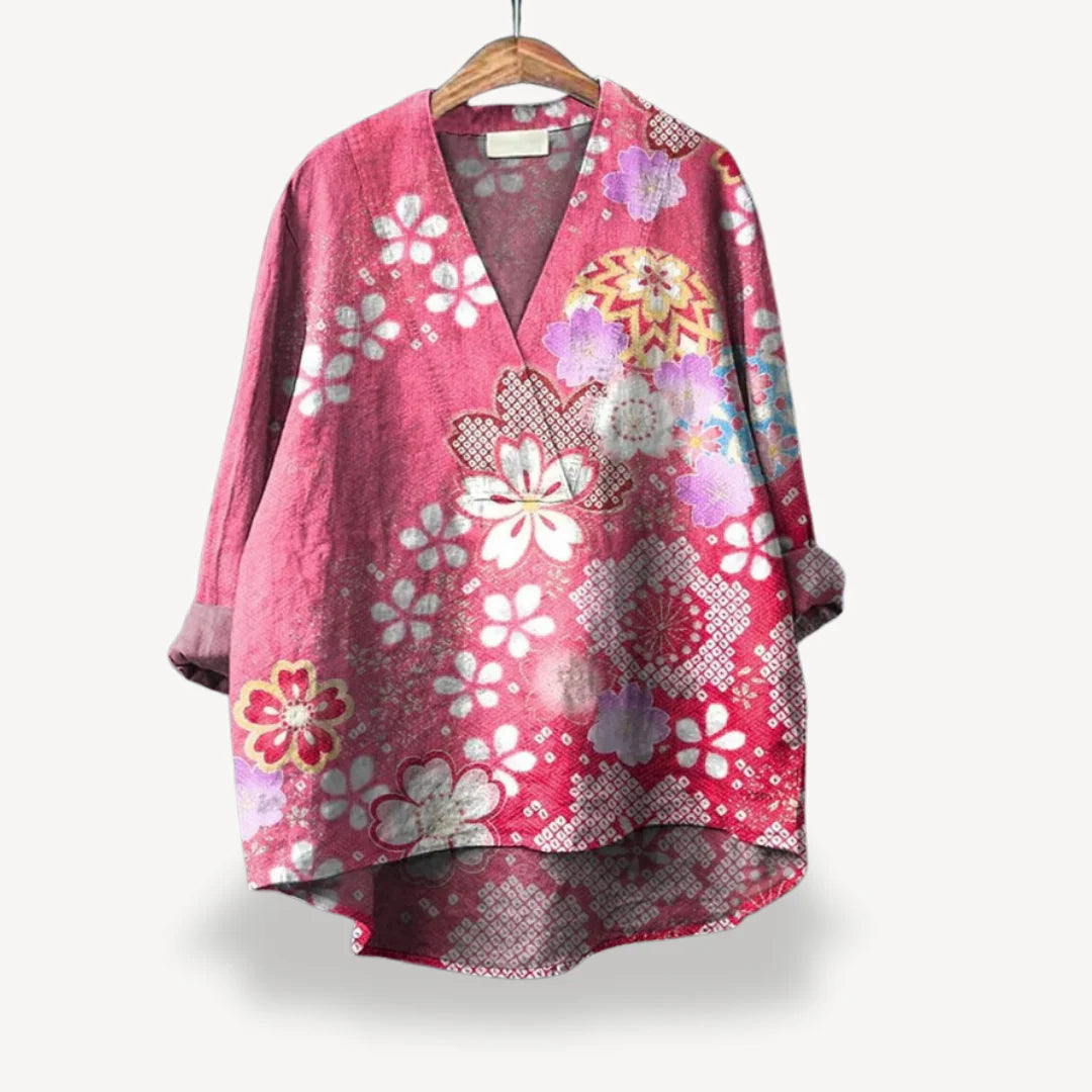 Saphira - Floral Kimono Blouse with Deep V-Neck and Relaxed Fit