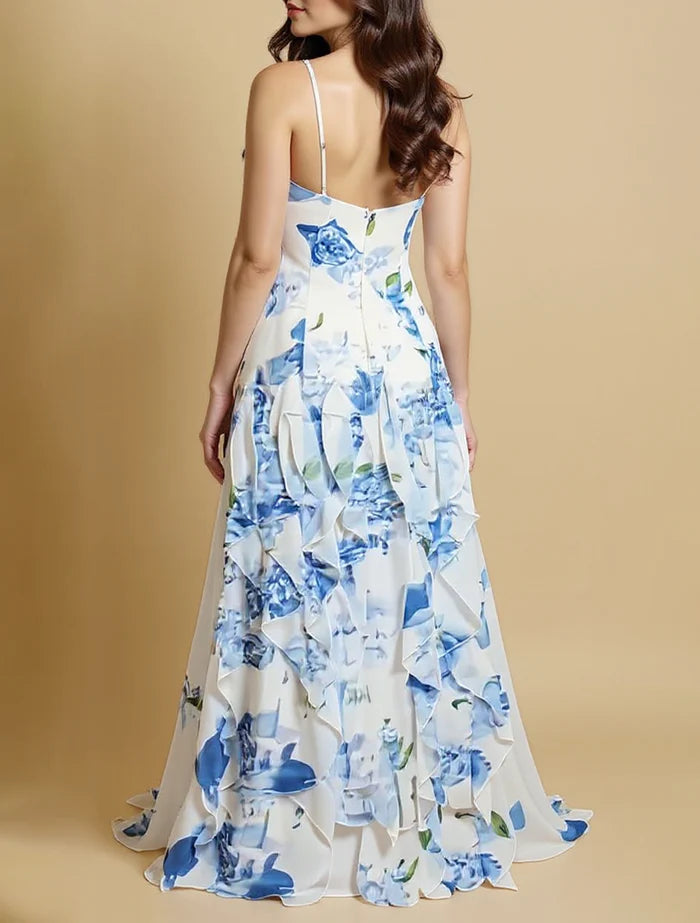 Isabelle – Ruffled Floral Maxi Dress with Sweetheart Neckline