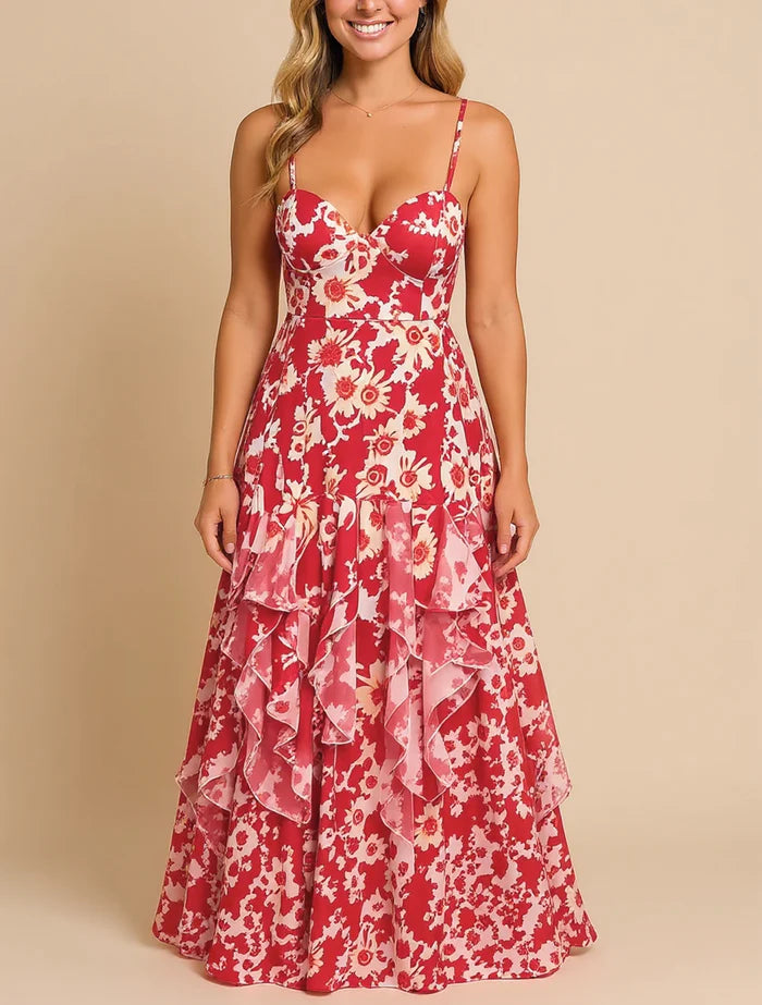 Isabelle – Ruffled Floral Maxi Dress with Sweetheart Neckline