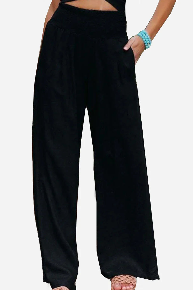 Isla – Wide Leg Trousers with Smocked Waist and Pleated Front