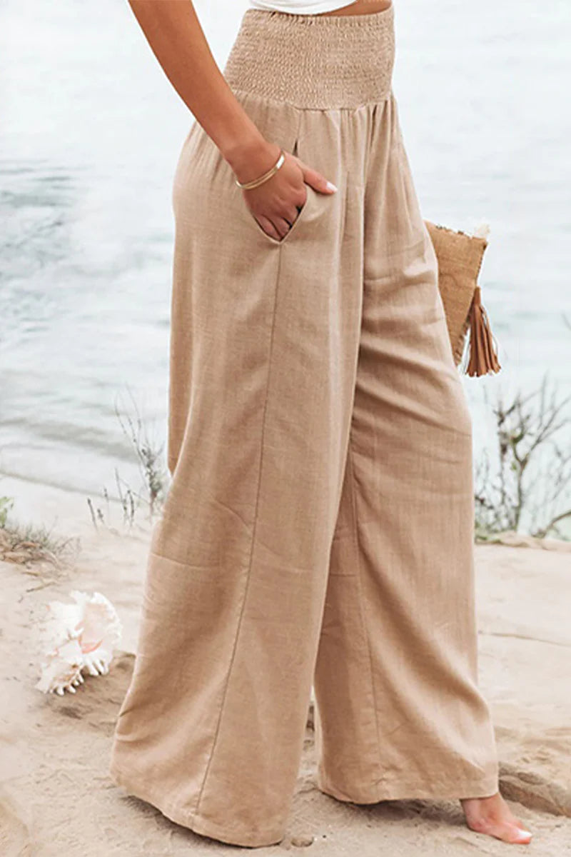 Isla – Wide Leg Trousers with Smocked Waist and Pleated Front