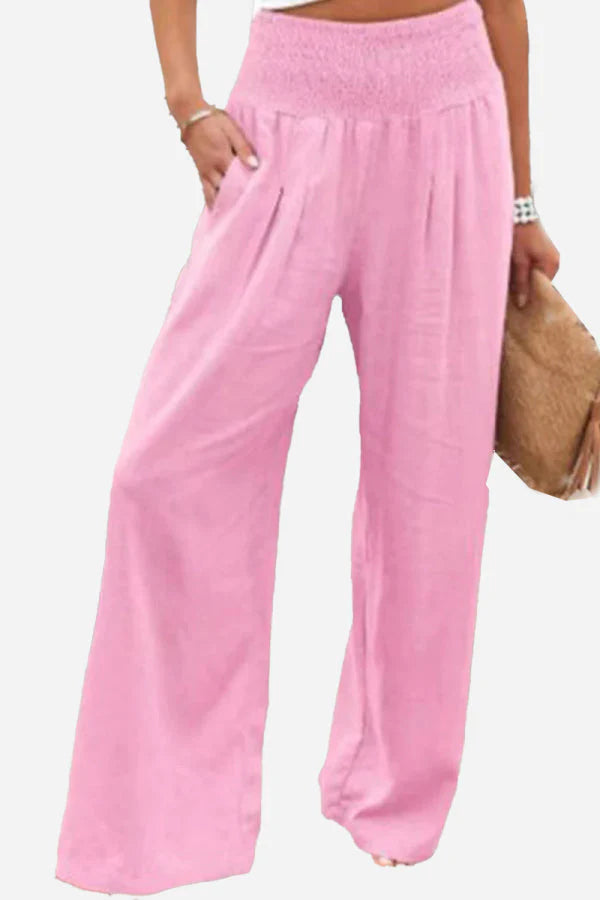 Isla – Wide Leg Trousers with Smocked Waist and Pleated Front