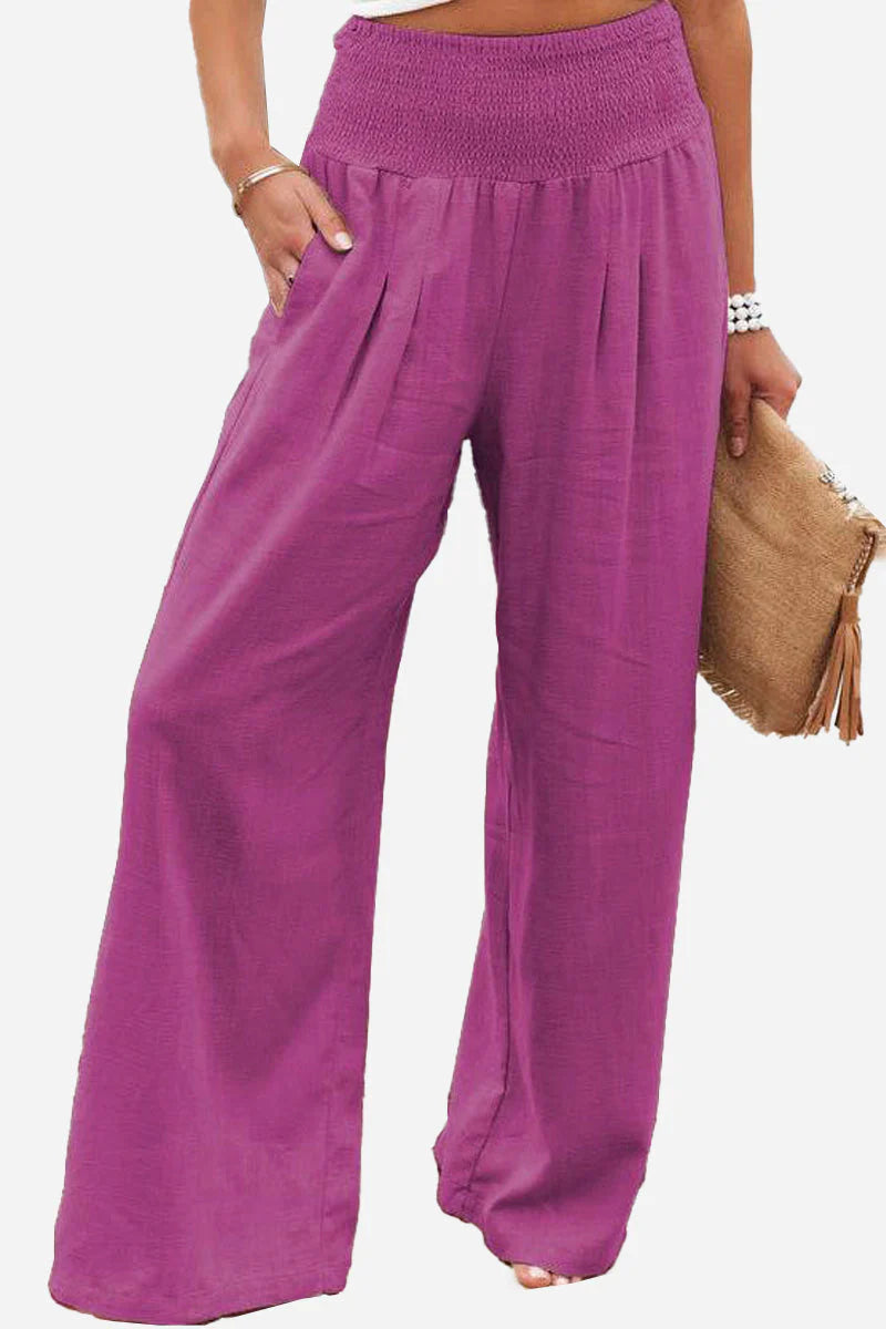Isla – Wide Leg Trousers with Smocked Waist and Pleated Front