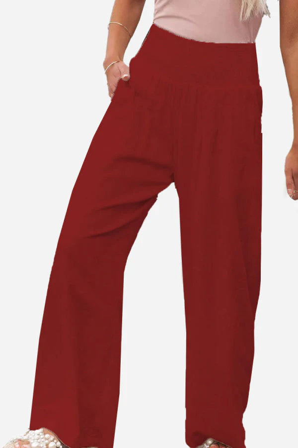 Isla – Wide Leg Trousers with Smocked Waist and Pleated Front