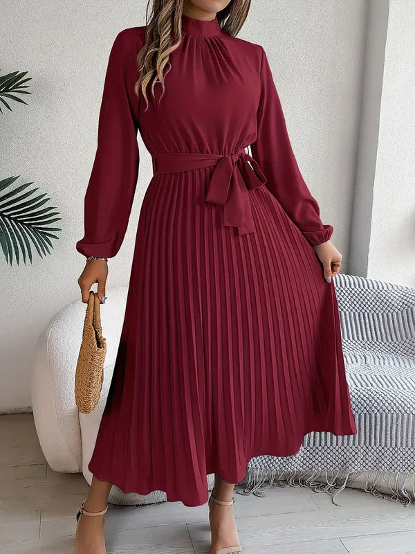 Ivy - Minimalist Midi Dress with Belted Fit and Flowing Pleats