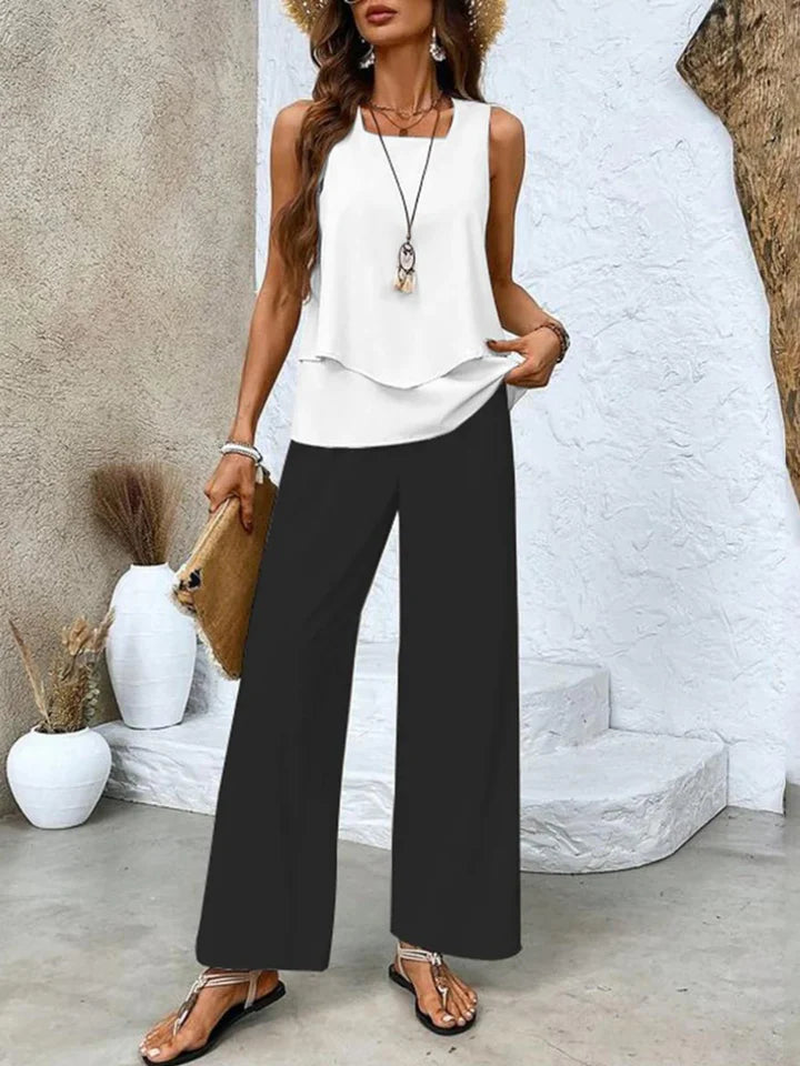 Jade - Sleeveless Two-Piece Set with Layered Top and Wide-Leg Print Pants