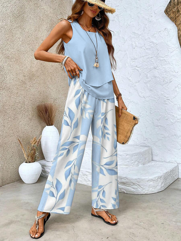 Jade - Sleeveless Two-Piece Set with Layered Top and Wide-Leg Print Pants