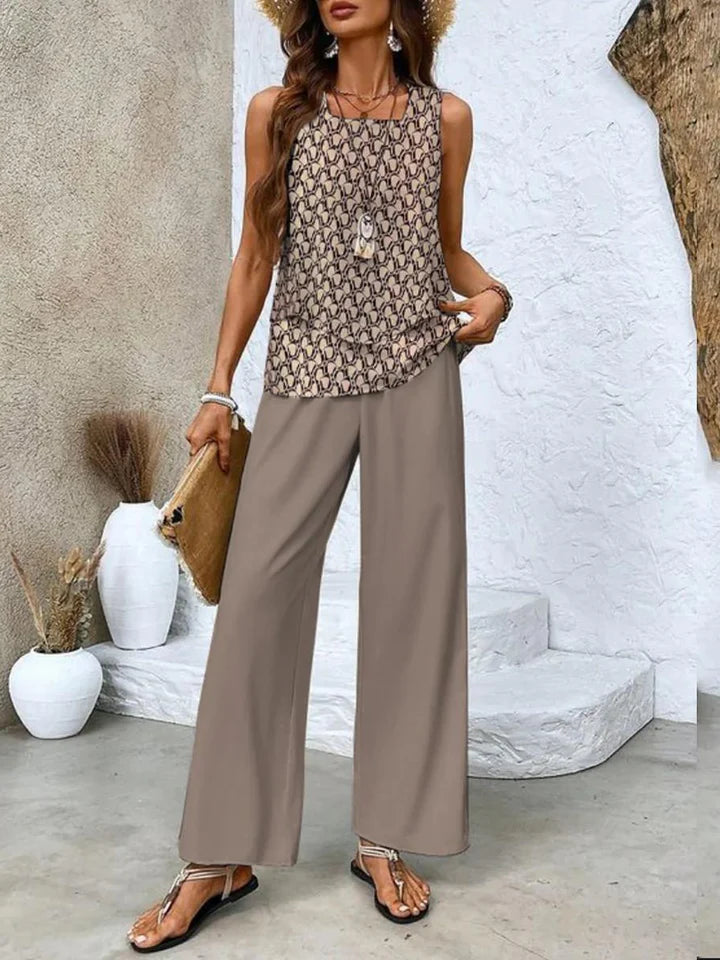 Jade - Sleeveless Two-Piece Set with Layered Top and Wide-Leg Print Pants
