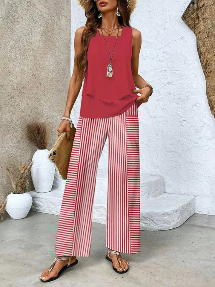 Jade - Sleeveless Two-Piece Set with Layered Top and Wide-Leg Print Pants