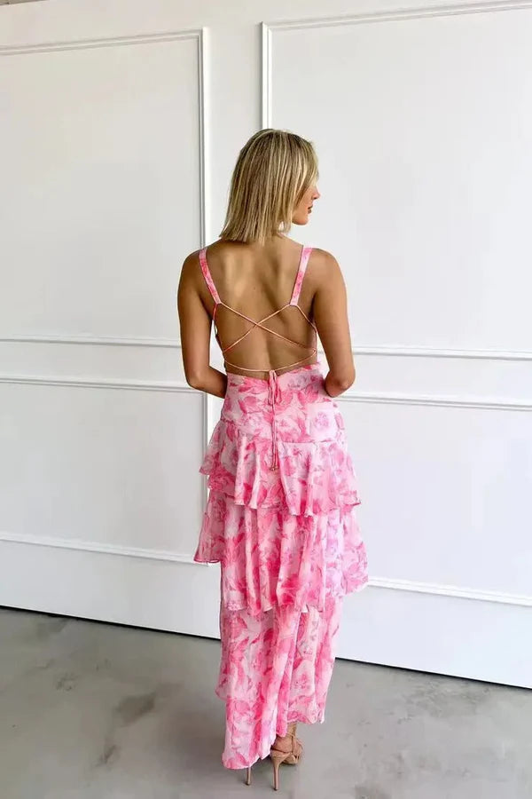 Kaia – Elegant Ruffle Tier Dress with Deep V and Flowy Silhouette