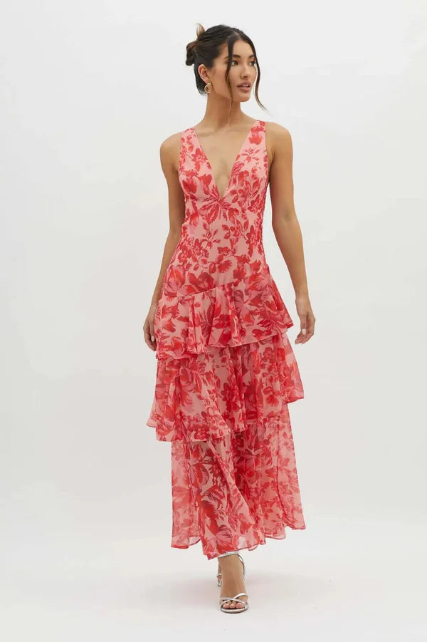 Kaia – Elegant Ruffle Tier Dress with Deep V and Flowy Silhouette