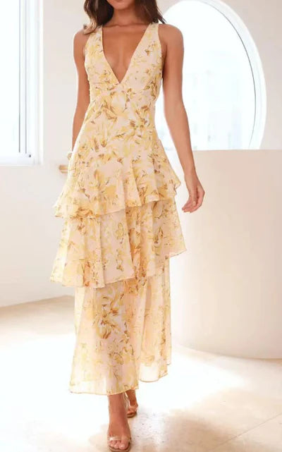 Kaia – Elegant Ruffle Tier Dress with Deep V and Flowy Silhouette