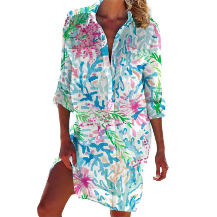 Lana – Button-Up Beach Shirt Dress with Rolled Sleeves and Relaxed Fit
