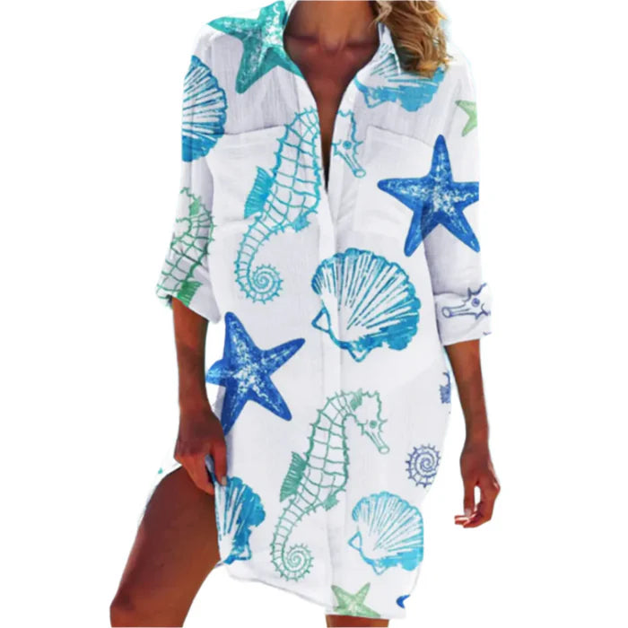 Lana – Button-Up Beach Shirt Dress with Rolled Sleeves and Relaxed Fit