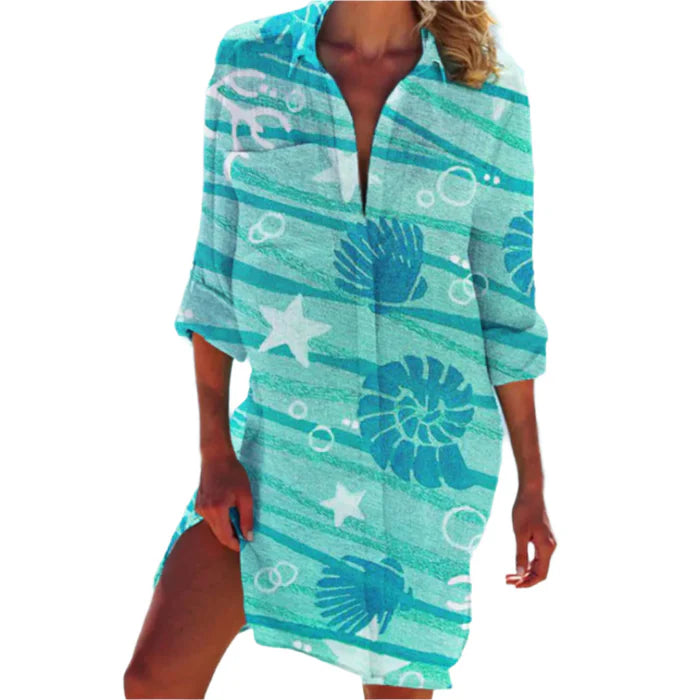 Lana – Button-Up Beach Shirt Dress with Rolled Sleeves and Relaxed Fit