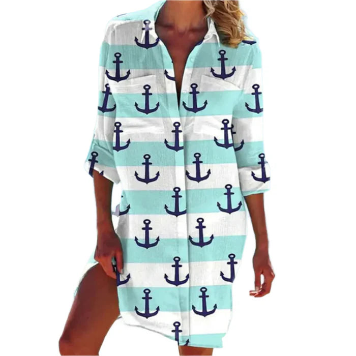 Lana – Button-Up Beach Shirt Dress with Rolled Sleeves and Relaxed Fit