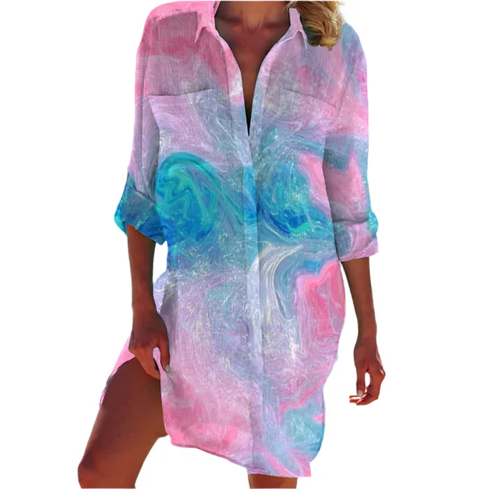 Lana – Button-Up Beach Shirt Dress with Rolled Sleeves and Relaxed Fit