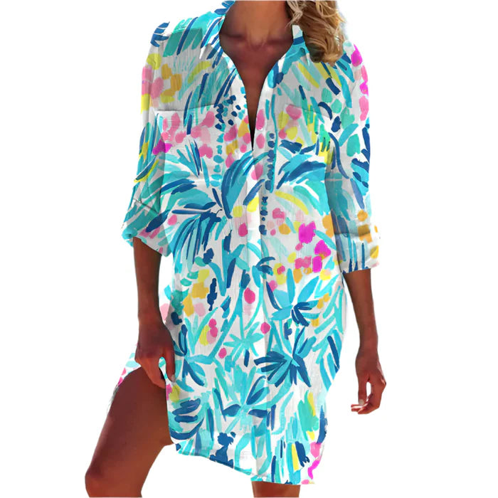 Lana – Button-Up Beach Shirt Dress with Rolled Sleeves and Relaxed Fit