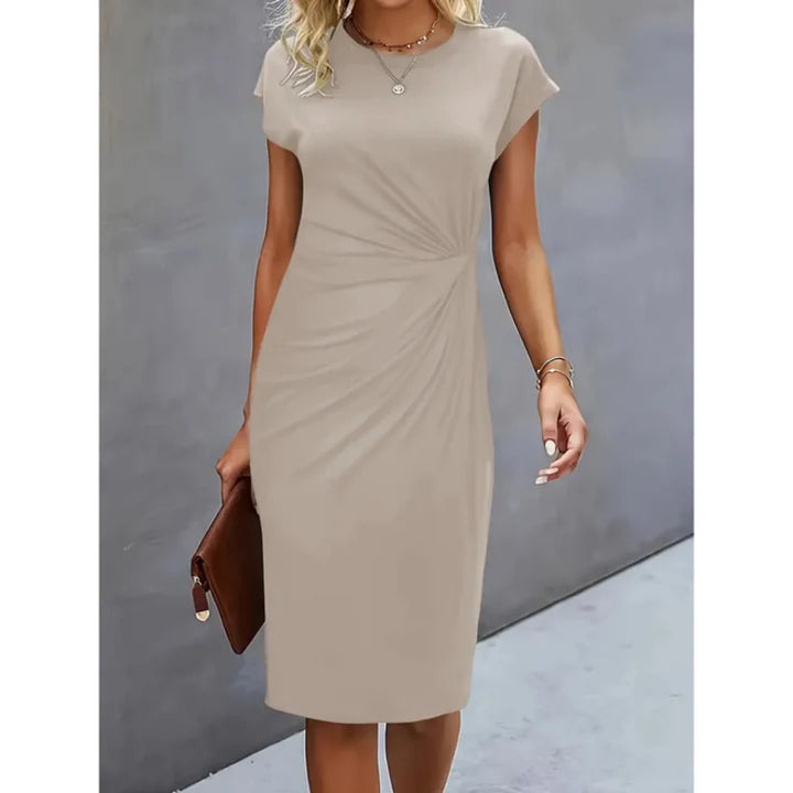 Leah – Timeless Midi Dress with Tailored Fit and Draped Waist