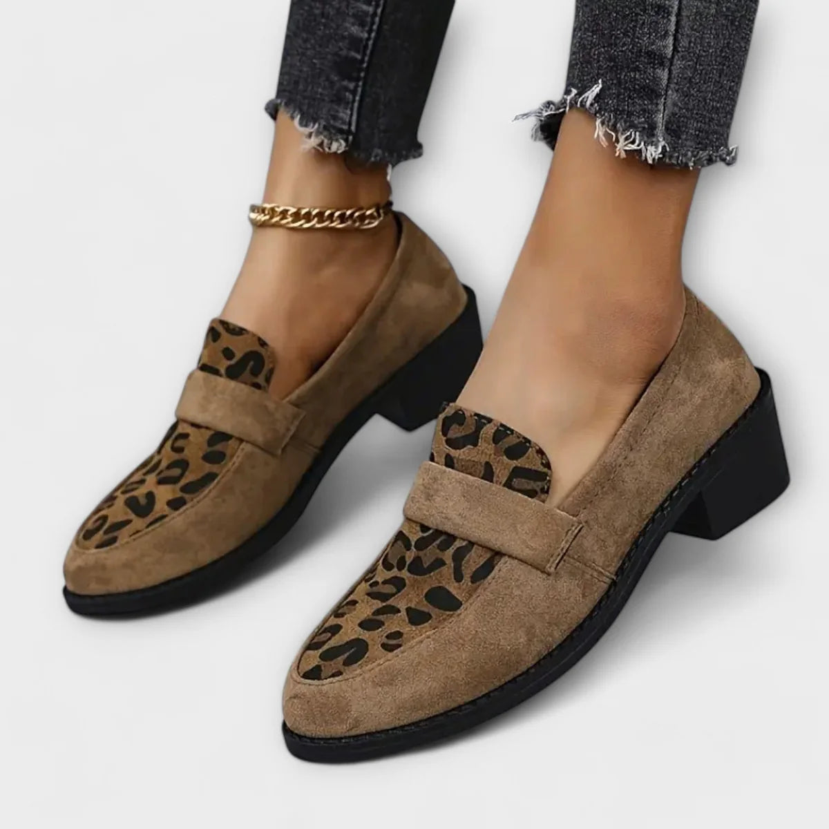 Lena – Loafers with Leopard Print Panel and Block Heel