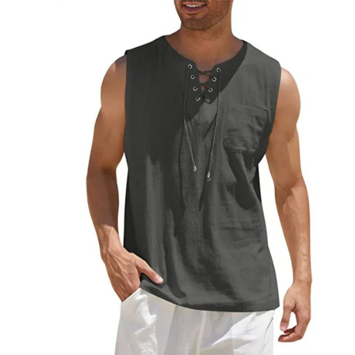Leo – Sleeveless Henley Shirt with Lace-Up Neck and Chest Pocket