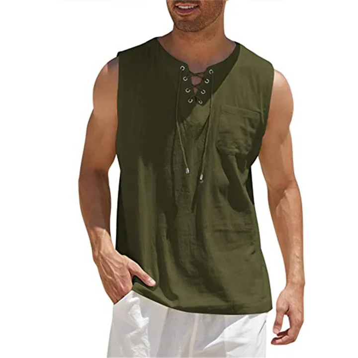 Leo – Sleeveless Henley Shirt with Lace-Up Neck and Chest Pocket