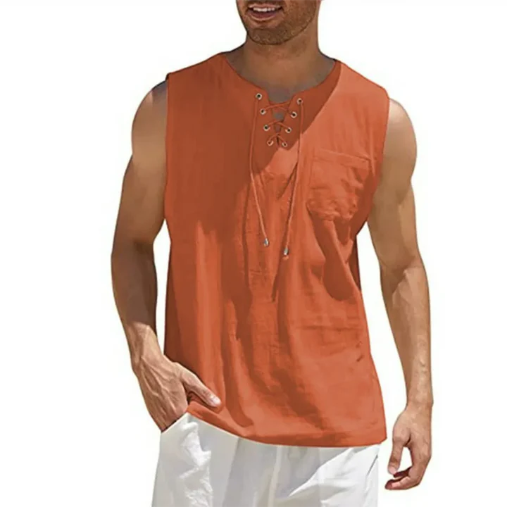 Leo – Sleeveless Henley Shirt with Lace-Up Neck and Chest Pocket
