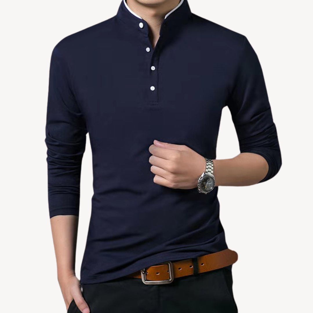Liam - Long Sleeve Henley Shirt with Stand Collar and Slim Fit Design