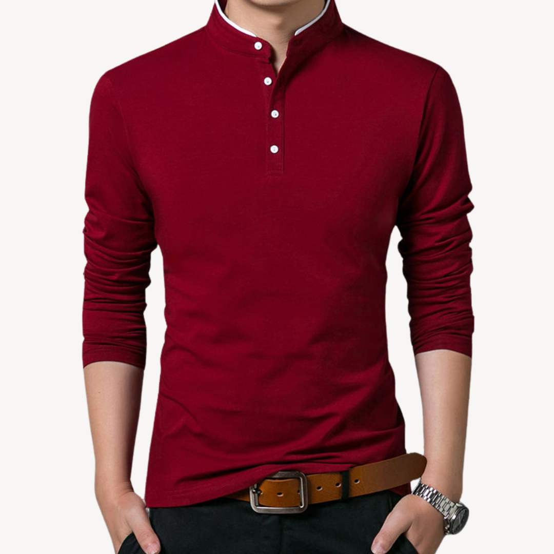 Liam - Long Sleeve Henley Shirt with Stand Collar and Slim Fit Design