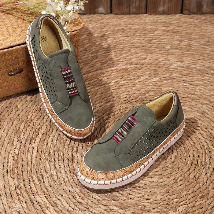 Lina – Perforated Slip-On Loafers with Elastic Tribal Band and Cushioned Sole