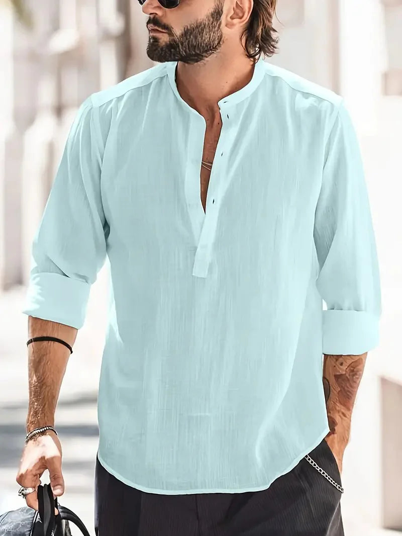 Luca - Casual Henley Shirt with Band Collar and Relaxed Fit