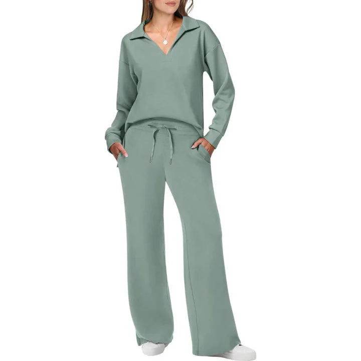 Maeve - Lounge Set with Collared V-Neck Top and Wide-Leg Pants