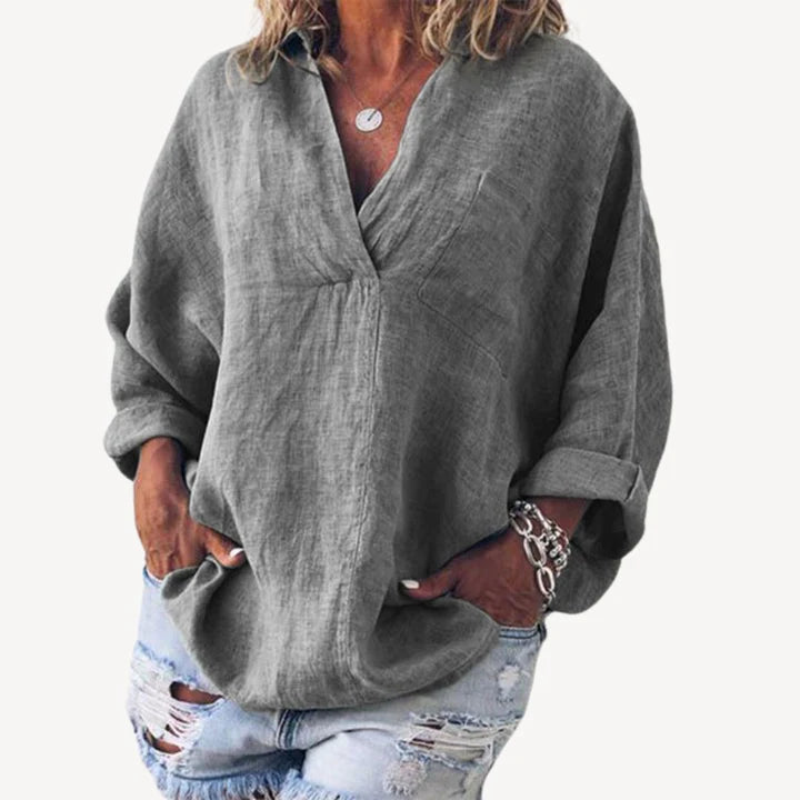 Mariselle – Relaxed Fit Shirt with V-Neck and Rolled Cuffs