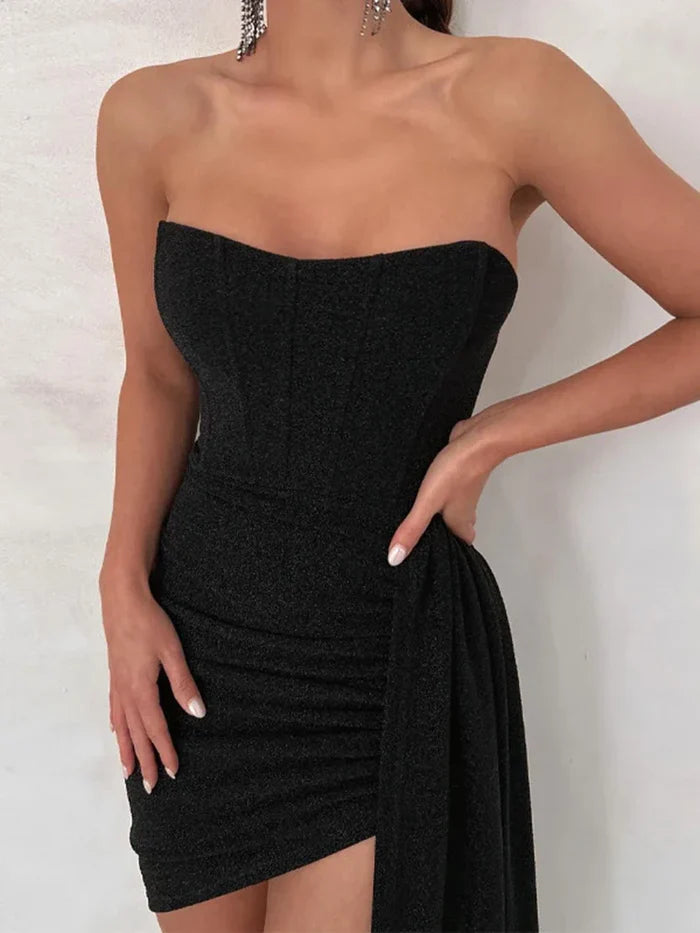 Margaux - Strapless Mini Dress with Corset Bodice and Draped Train