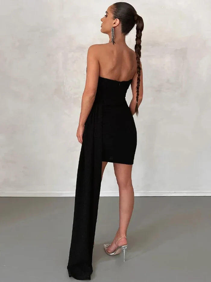 Margaux - Strapless Mini Dress with Corset Bodice and Draped Train