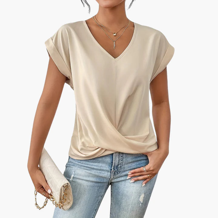 Calista – V-Neck Draped Blouse with Rolled Sleeves for Casual Chic Look