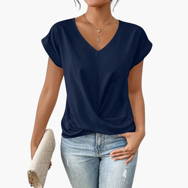 Calista – V-Neck Draped Blouse with Rolled Sleeves for Casual Chic Look
