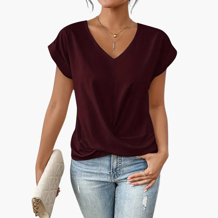Calista – V-Neck Draped Blouse with Rolled Sleeves for Casual Chic Look