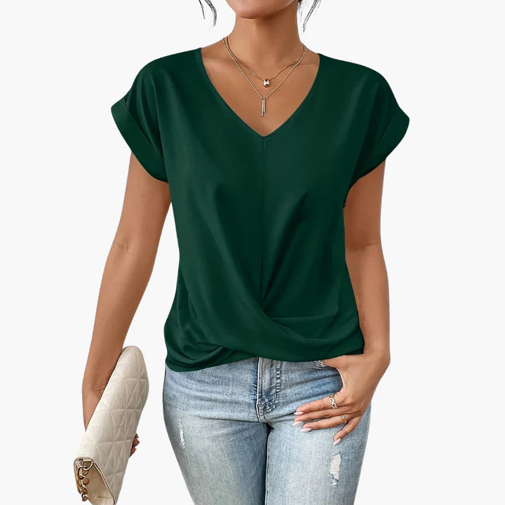 Calista – V-Neck Draped Blouse with Rolled Sleeves for Casual Chic Look