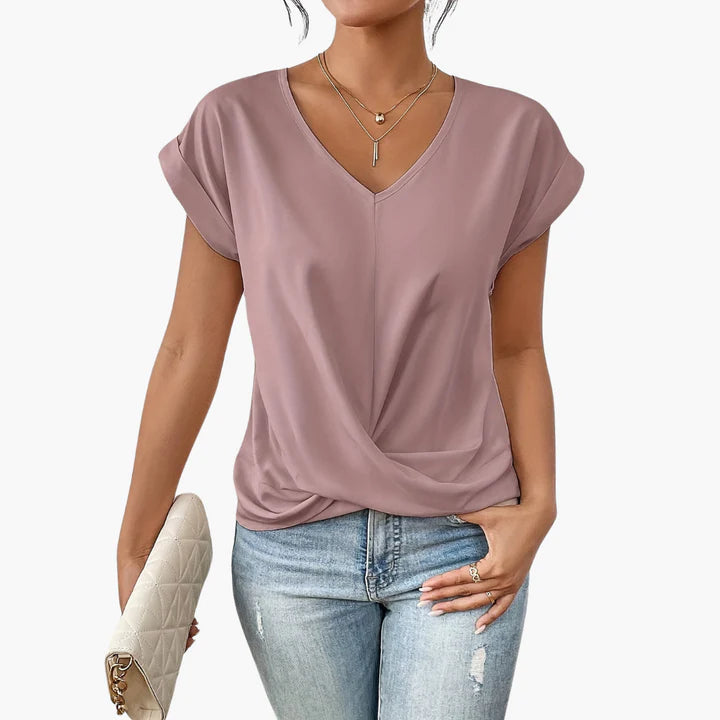 Calista – V-Neck Draped Blouse with Rolled Sleeves for Casual Chic Look