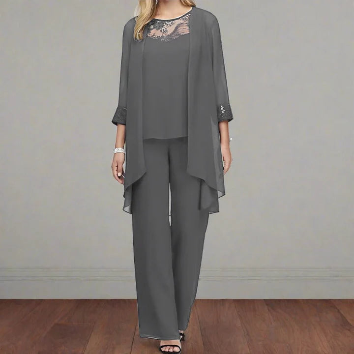 Miranda – Pant Suit with Lace Yoke and Draped Jacket