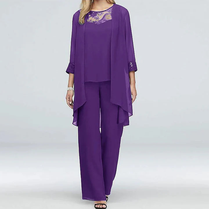 Miranda – Pant Suit with Lace Yoke and Draped Jacket