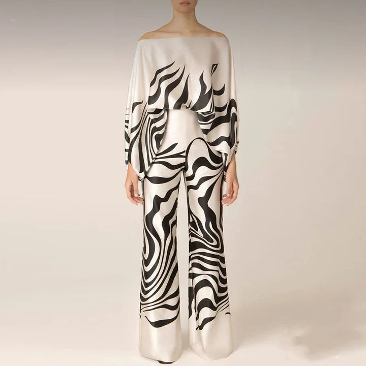 Natalia - Off-Shoulder Wide-Leg Jumpsuit with Draped Sleeves and Wavy Print