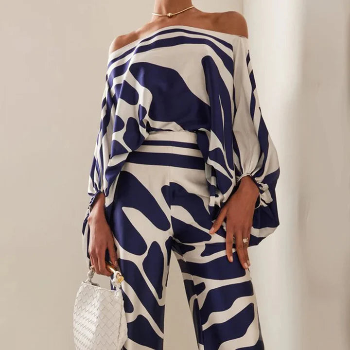 Natalia - Off-Shoulder Wide-Leg Jumpsuit with Draped Sleeves and Wavy Print