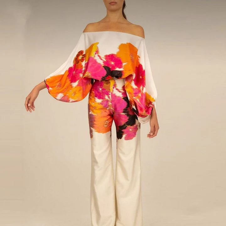 Natalia - Off-Shoulder Wide-Leg Jumpsuit with Draped Sleeves and Wavy Print