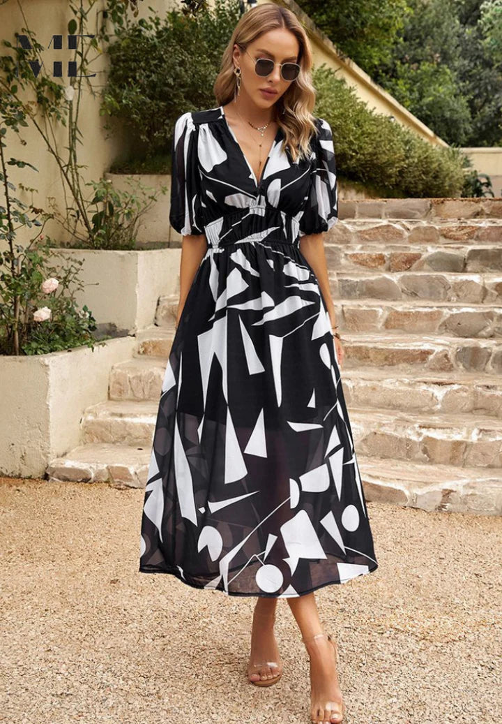 Nina – Casual Puff Sleeve Dress with Empire Waist and Flared Hem