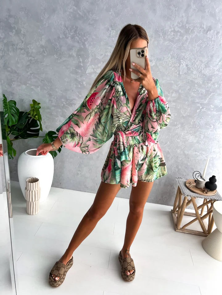 Nadia – V-Neck Tropical Romper with Relaxed Fit