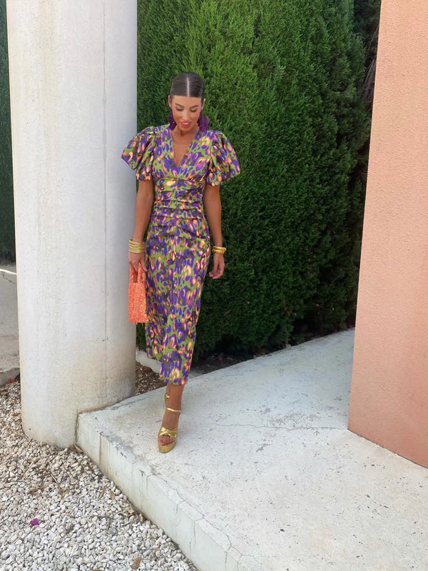 Noelle – Bold Print Midi Dress with Gathered Waist and Puff Sleeves