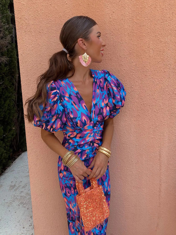 Noelle – Bold Print Midi Dress with Gathered Waist and Puff Sleeves