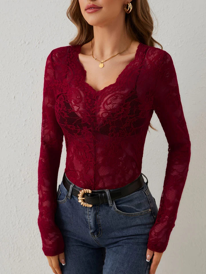 Nora - Lace Bodysuit Top with Scalloped V-Neck and Sheer Long Sleeves